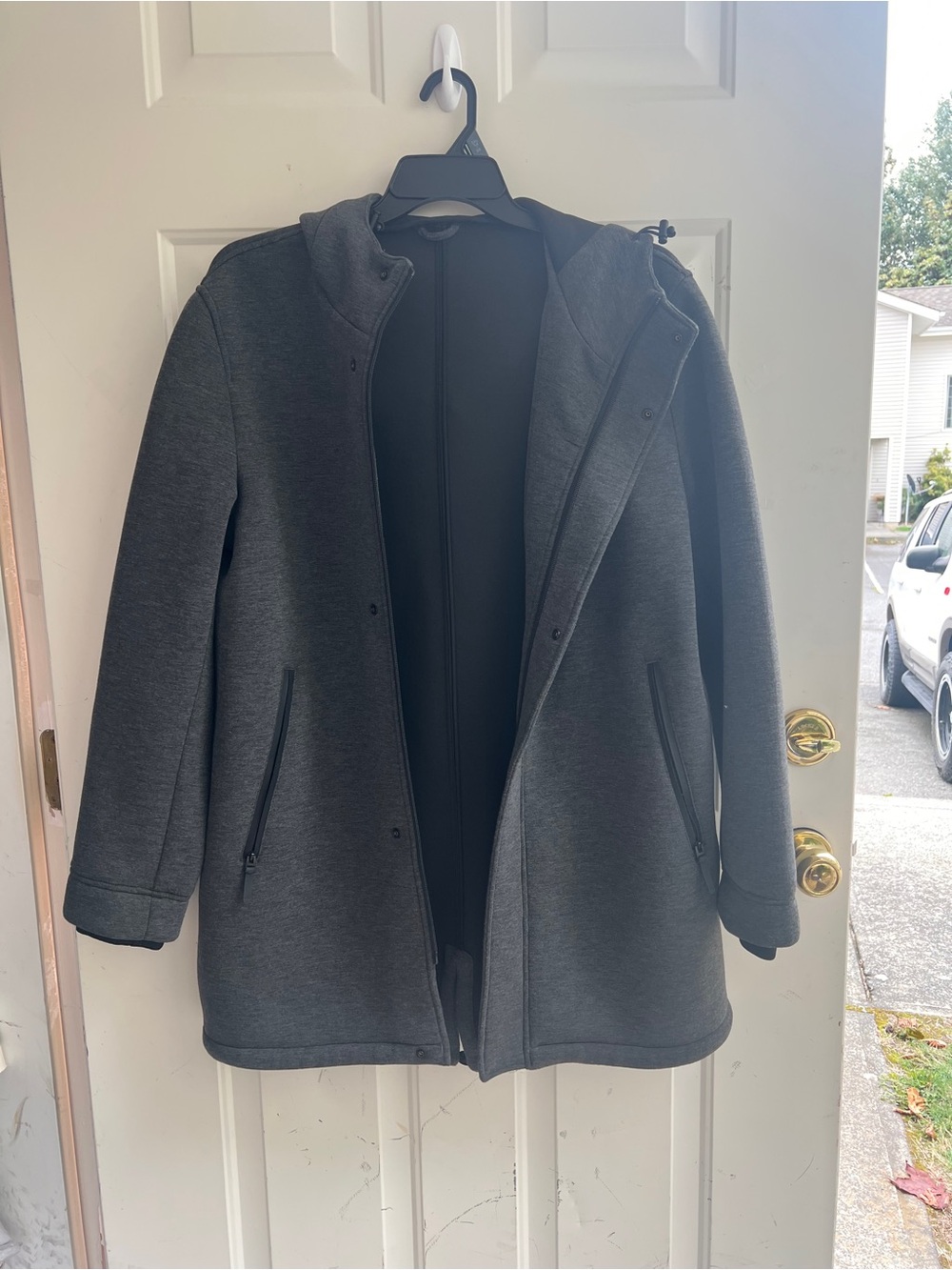 Zara Women’s Hooded Mid-Length Coat in Dark Gray